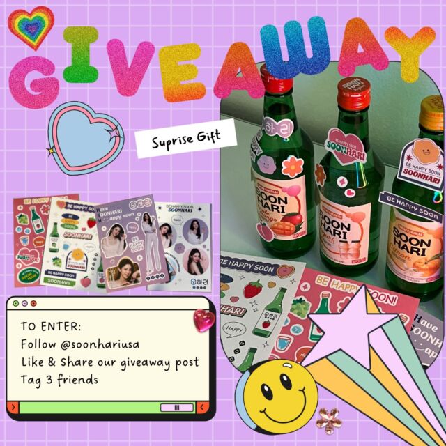 ❤️🧡💛Join our Soonhari Sticker Giveaway Event💚💙💜

Do you enjoy decorating your diary with stickers? Now, decorate your Soonhari Soju bottle with stickers to make it look cute! 💗💟 You can enjoy your very own unique Soonhari even more 😆 Plus, it includes Sohee Han's charming stickers among the four adorable designs 🫶

Here's how to participate:
Follow @soonhariusa
Like and share this post ❤️
Tag 3 friends who'd love to share with you 🙌
Each friend you tag counts as an additional entry, so tag away! 🎁 The more friends you tag, the higher your chances of winning this awesome prize.

Giveaway starts on 10/09/2023 and ends on 10/30/2023 at 11:59 PM PST. Open to the US only, excluding a few states that are listed below, and those who are 21 years of age or older. Winner announced 10/31/2023.

🙅 This event is not endorsed, sponsored, or administered by Instagram🙅
Void in Alabama, Hawaii (Honolulu, Kauai, and Hawaii), Indiana, Maine, Maryland, Michigan, Minnesota, Mississippi, New Jersey, North Carolina, North Dakota, Pennsylvania, South Dakota, Vermont, Washington, West Virginia, and Wyoming. Void where restricted or prohibited.

Stay tuned for the big reveal of our winner! 🏆
Good luck to all participants! 🍀

#soonhari #SojuSurprise #GiveawayAlert #SecretGift #LuckyWinner #giveaway #giveawaycontest #SoonhariWelcomes